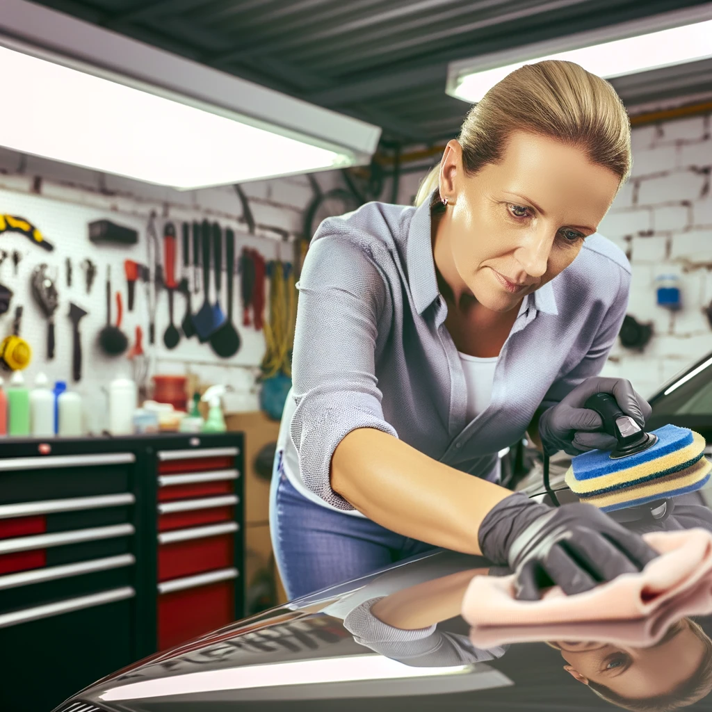 woman waxing car in garage