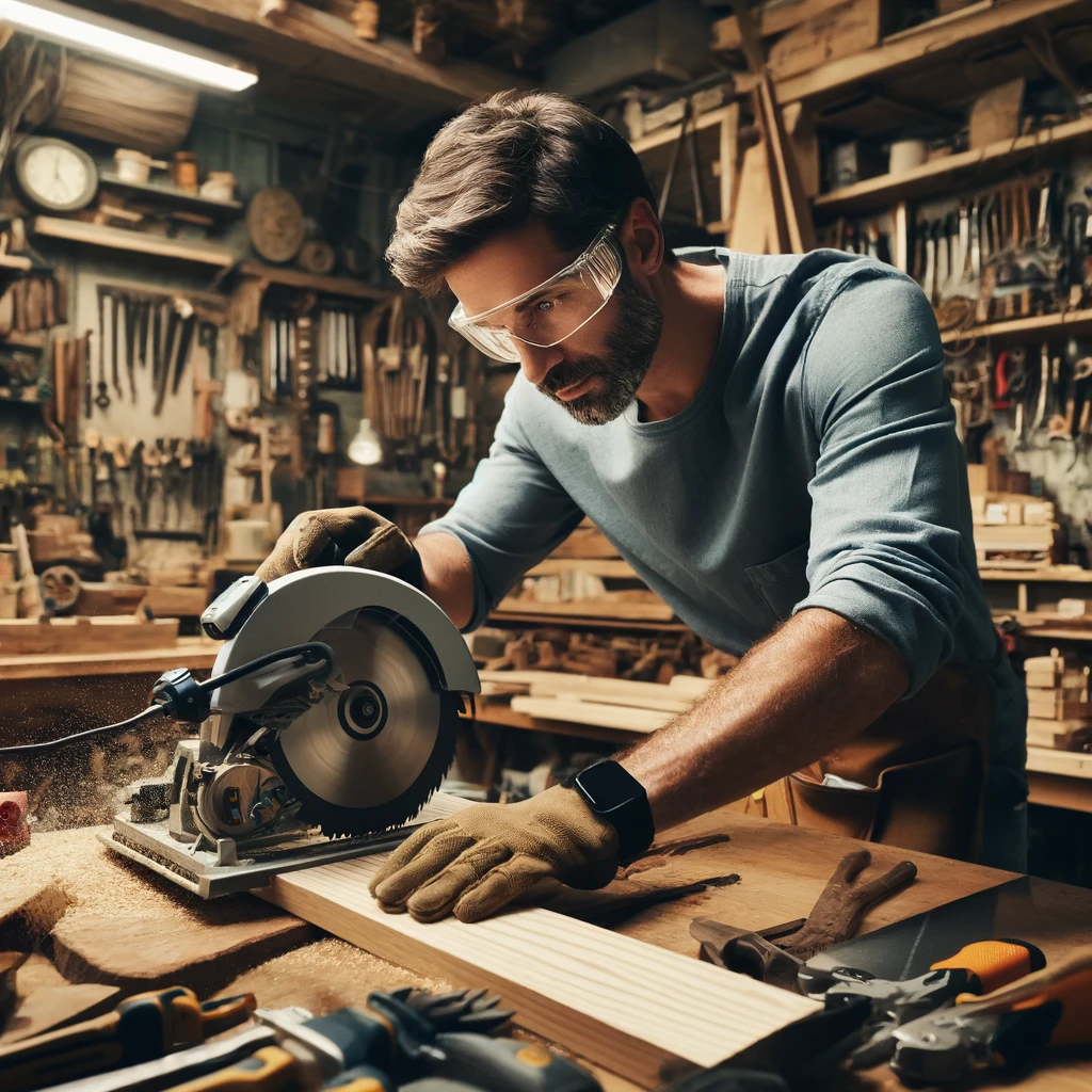 Man running table saw in garage