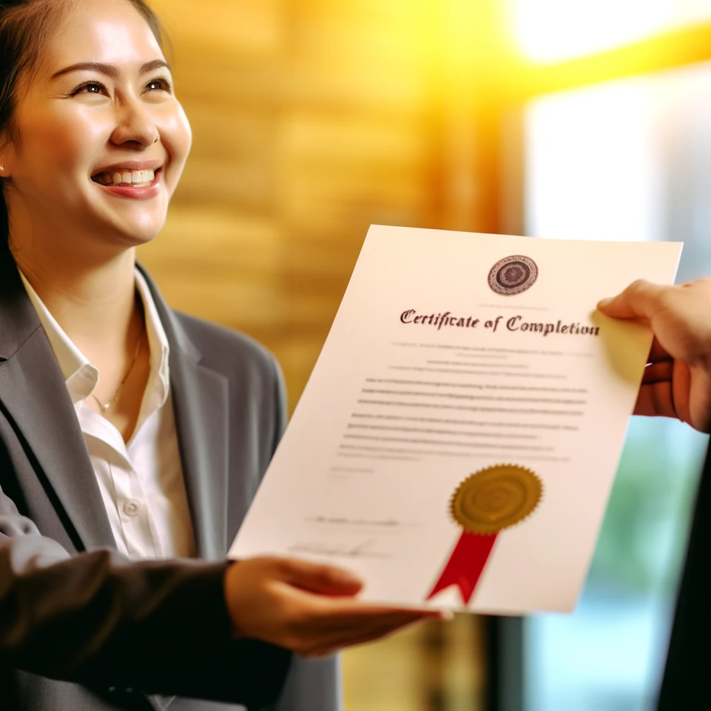 woman being handed Certificate of Completion