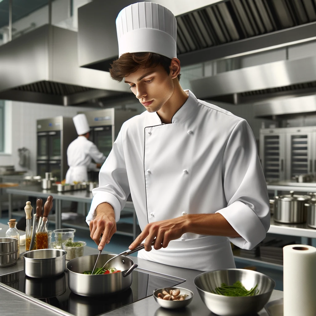 young male chef cooking in professional kitchen